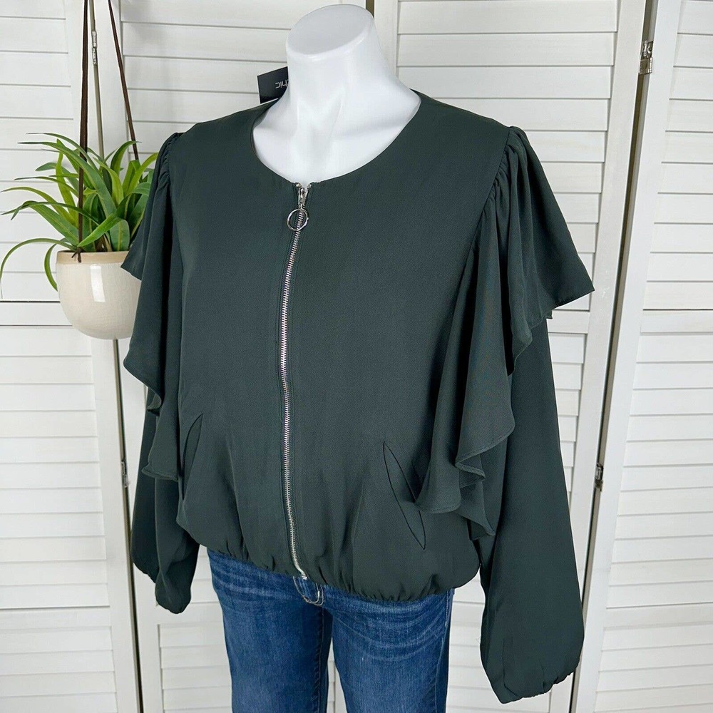 New City Chic Soft Ruffled Utility Jacket Army Green Zip Up Bomber Size S / 16
